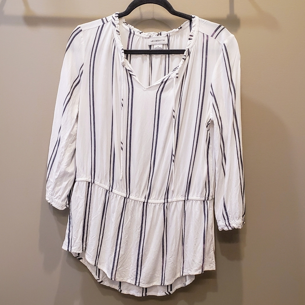 Liz Claiborne Size Medium Peplum White Blue Striped Tie Neck